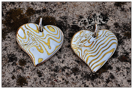 Stainless Damascus and Mokume Heart Pendants