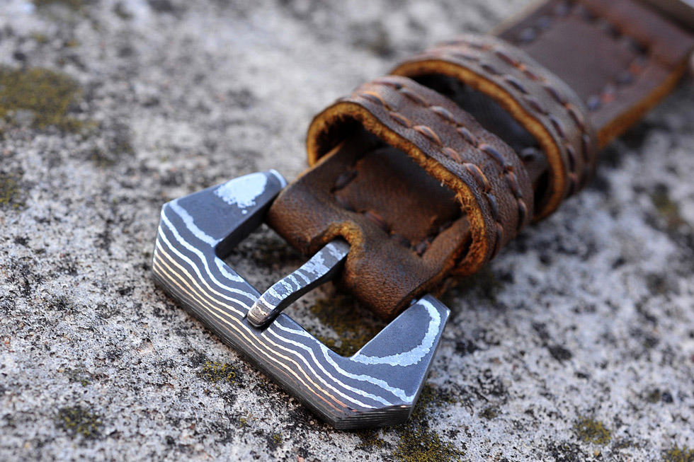 Assorted Damascus and Mokume Watch Buckles and Custom Leather Straps